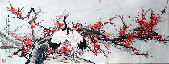 侯跃清作品6《天寒有鹤守梅花》180x70cm 2020年